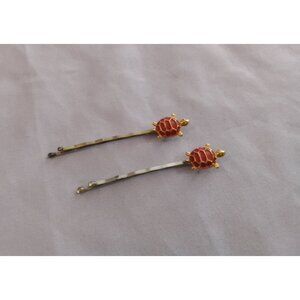 Turtle Hairpins Set Of 2 Gold Tone & Red Metal Hair Accessories Cute Design